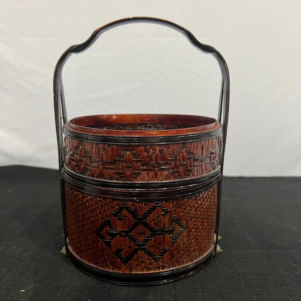 Vintage Chinese Woven Bamboo Wedding Basket Round Lacquered Wood Brass Art 208